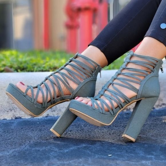 Women's Strappy Caged Platform Chunky High Heels Olive Color - Picture 2 of 6